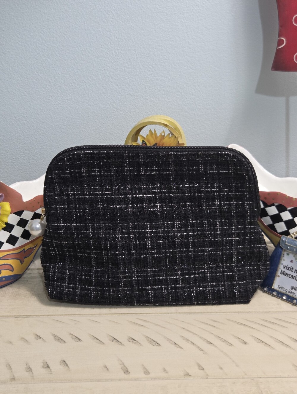 Ulta Beauty Black Tweed Plaid Pearl Cosmetic Bag Pouch,NWT